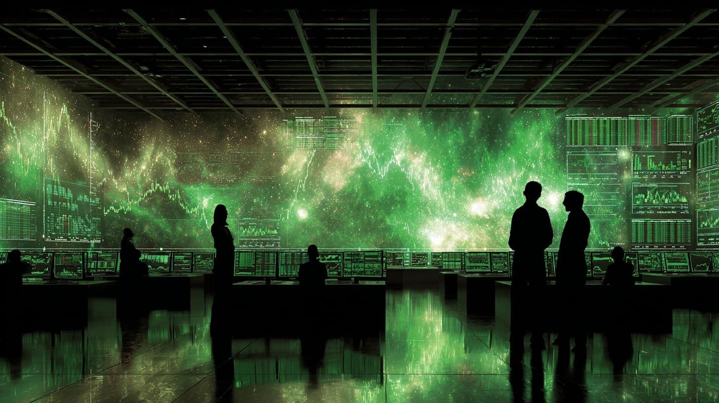 Financial trading floor with quantum computing visualization