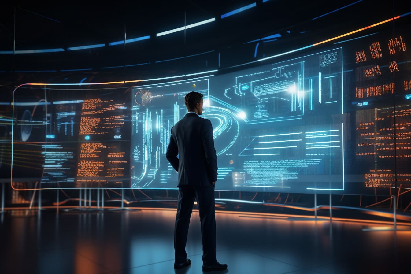 A professional reviewing AI usage guidelines on a large digital display in a corporate setting.