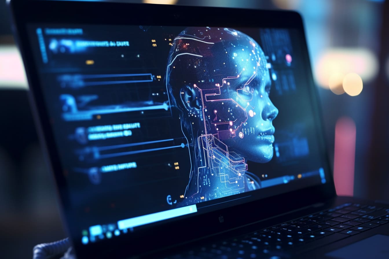 A worker carefully typing a structured AI prompt on a sleek computer screen, AI-generated responses appearing dynamically.
