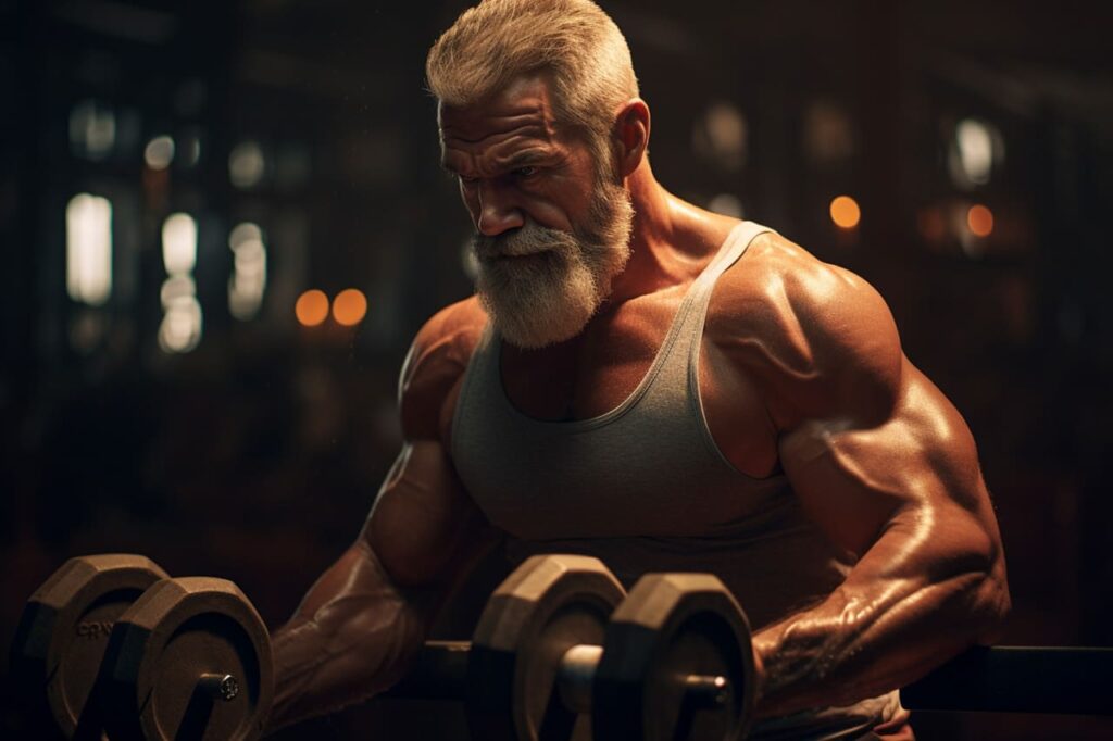 older man doing a lower chest dumbbell exercise