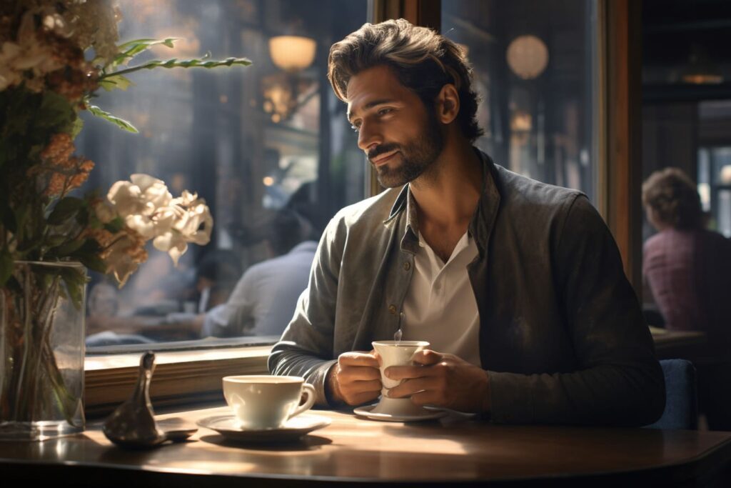 man sitting in cafe with coffee
