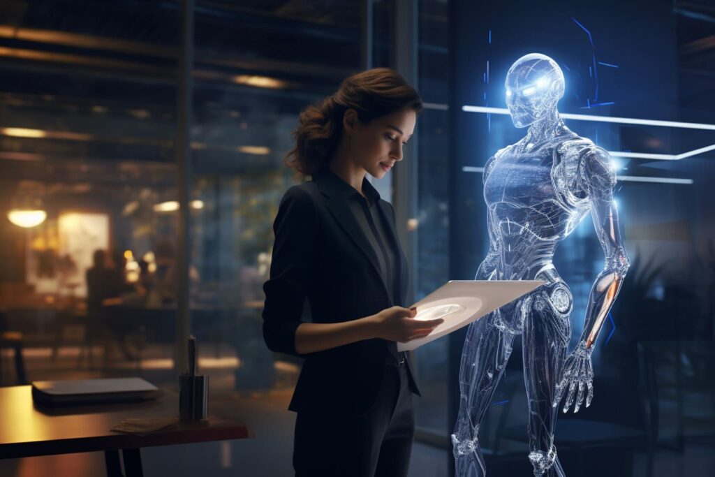 A humanoid AI assistant standing by a desk, assisting an office worker with data and reports.